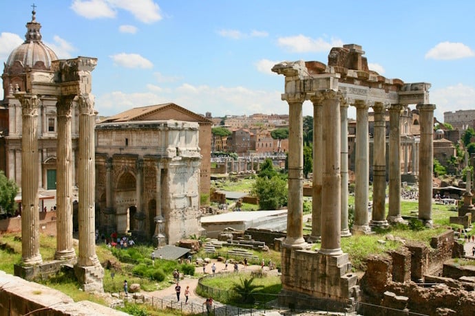 People visiting the ancient Roman Forum in Rome, Italy