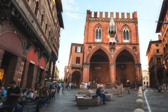 Lively Bologna street view in Italy