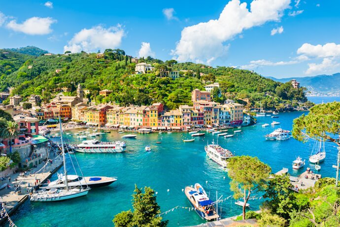 Aerial view of Portofinos colorful harbor in Liguria, Italy