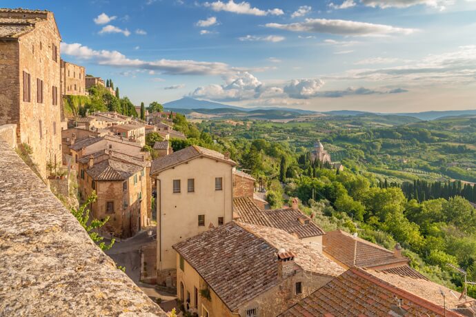 Scenic hilltop view over the terracotta rooftops of Montepulciano, a town in Tuscany