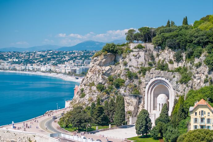Sweeping coastal view of Nice, France, with the Monument aux Morts