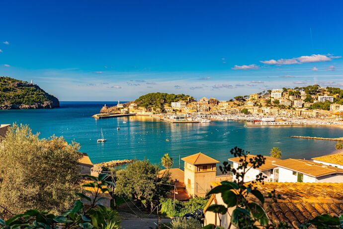 Mediterranean harbor with hillside village in Mallorca, Spain
