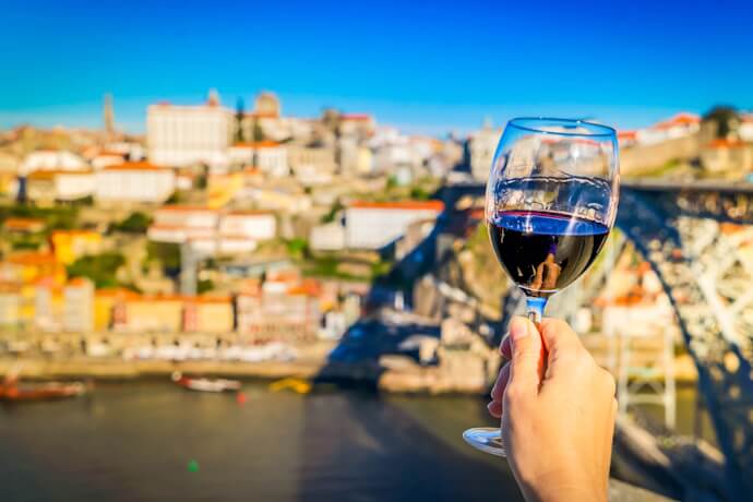 Port wine overlooking the Douro River in Porto.
