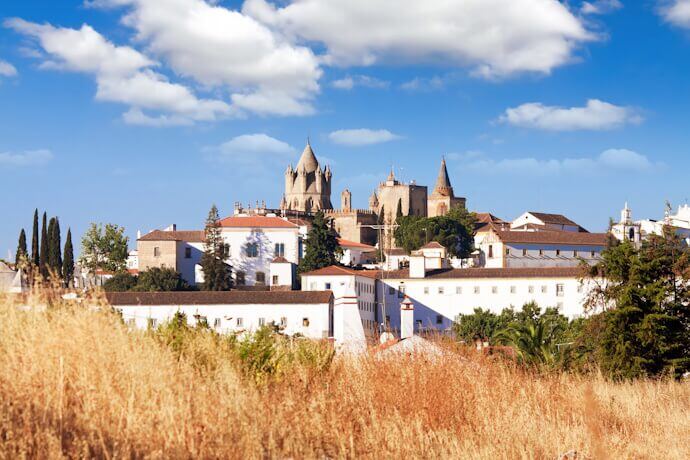 View of Évoras whitewashed houses and Évora Cathedral