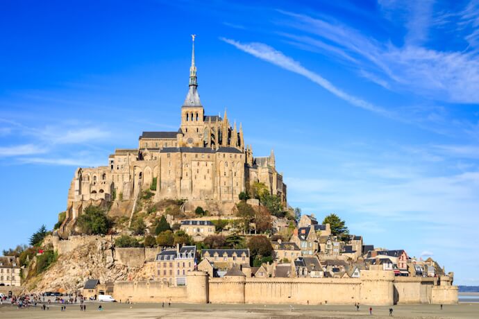 Mont-Saint-Michel rising above its tidal island landscape, Normandy, France