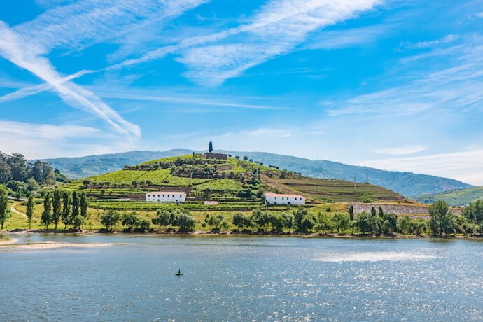 Terraced vineyards overlooking the Douro River in Portugal’s Douro Valley.
