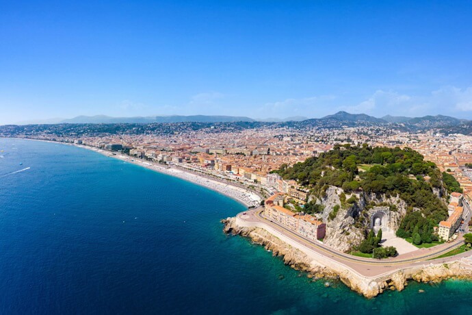 Panoramic aerial view of Nice, France, with Promenade des Anglais and beach