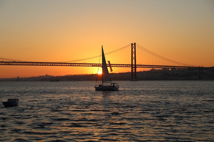 Sunset boat tour along the Tagus river, Lisbon, Portugal