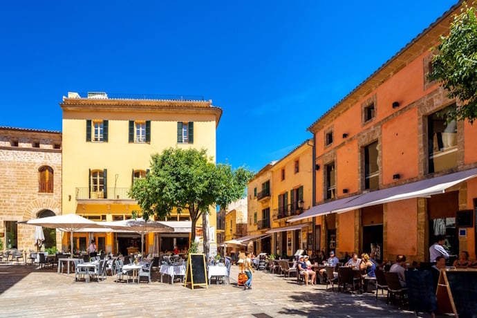 Outdoor cafés in Sóller town center, Mallorca, Spain.