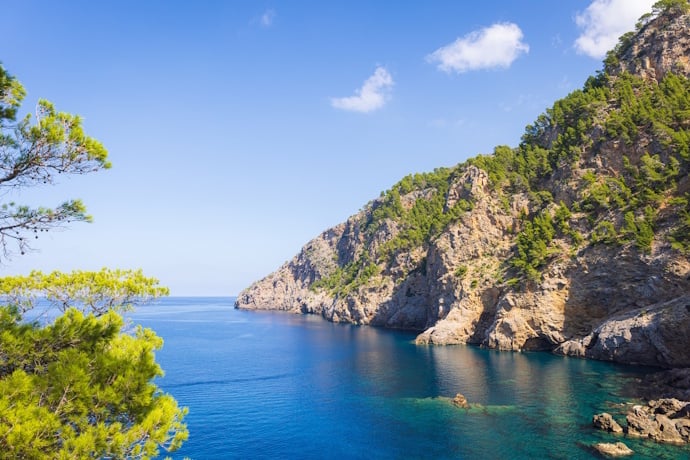 Rocky Mediterranean coastline in Serra de Tramuntana, Mallorca, Spain.