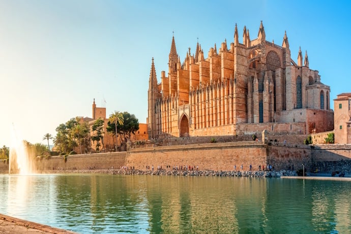 Palma Cathedral beside Parc de la Mar, Mallorca, Spain.