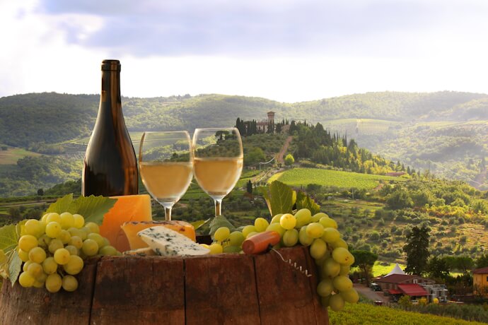 Italian vineyard with wine, grapes, and cheese in Tuscany