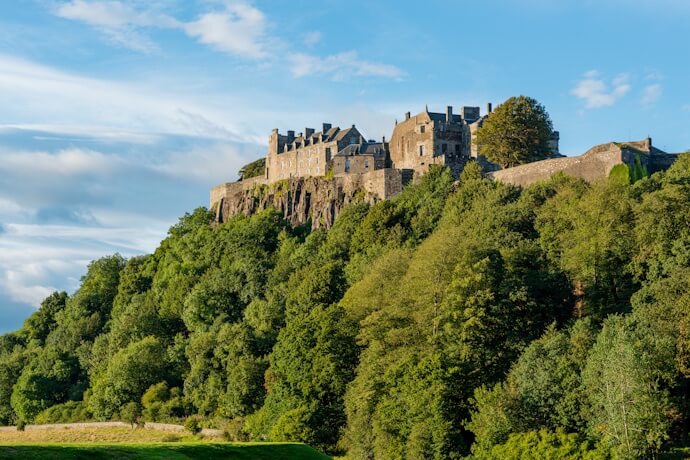 Edinburgh Castle perched atop Castle Rock, Scotland.