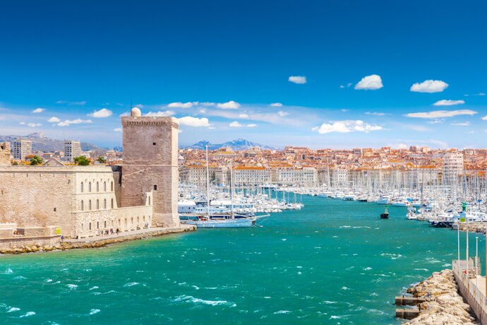 Marseille’s Old Port and Fort Saint-Jean on the Mediterranean coast, France.