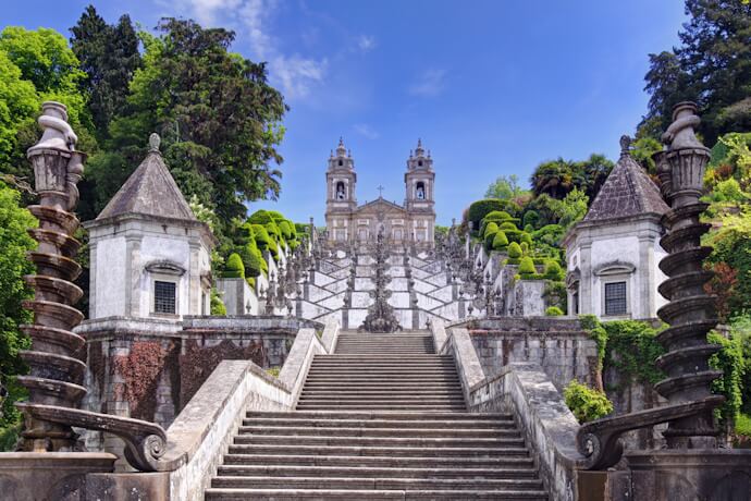 The monumental staircase leading to Bom Jesus do Monte Sanctuary in Braga, Portugal.