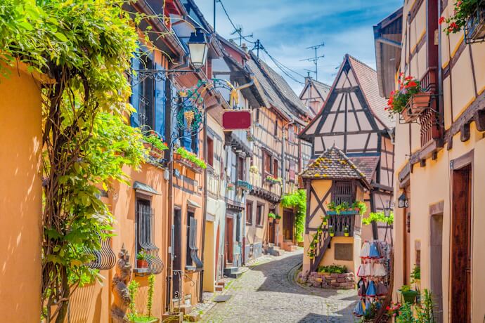 Half-timbered street in Alsace village.