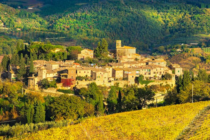 Picturesque village in Chianti surrounded by vineyards and the Tuscan countryside