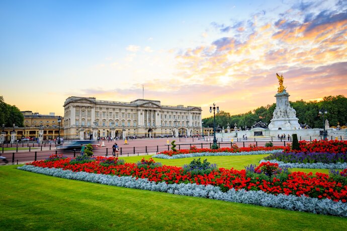 The imposing Buckingham Palace, in London, at sunset