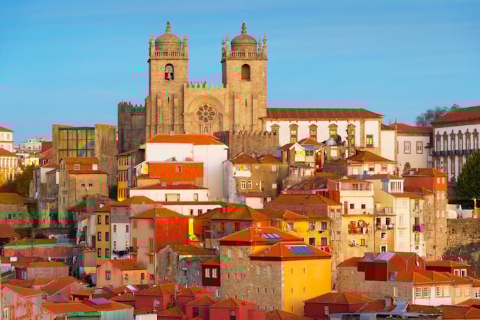 Porto Cathedral, the city’s Romanesque cathedral rising above the red-tiled rooftops of Porto’s historic center