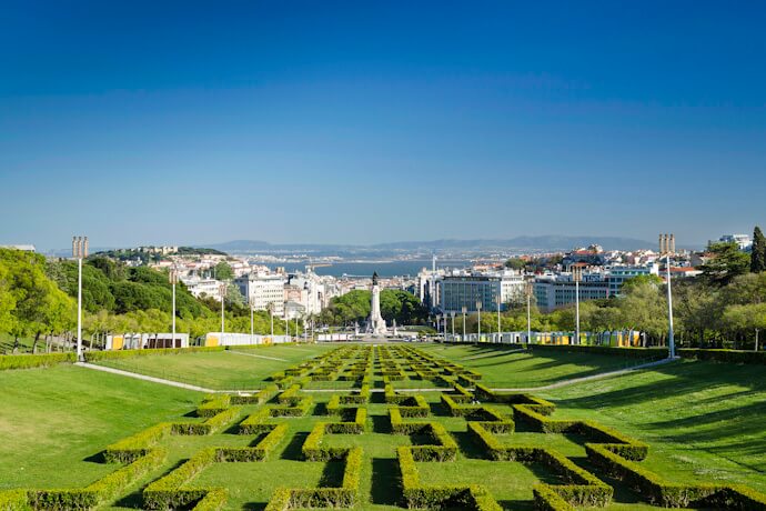 Eduardo VII Park with view of Marquês de Pombal Statue in Lisbon, Portugal