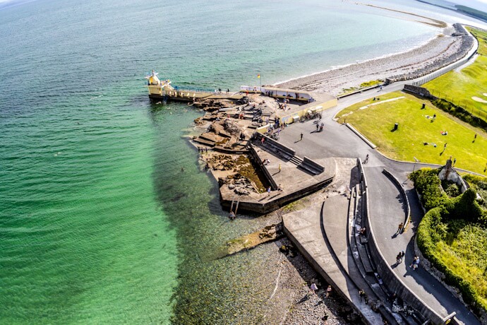 Aerial view of Salthill Promenade and Galway Bay, a popular waterfront area for walks and coastal views.
