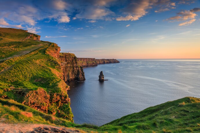 The Cliffs of Moher rising above the Atlantic Ocean, one of Ireland’s most iconic natural landmarks.