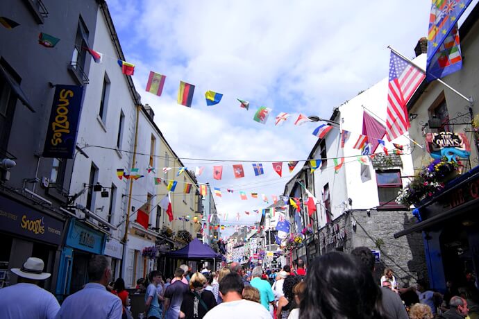Colorful streets in Galway’s Latin Quarter, where lively pubs, shops, and festivals showcase the city’s creative spirit.