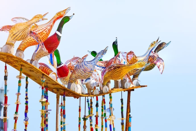Murano glass sculptures on display.