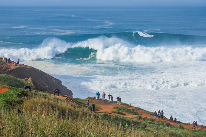 View of the Atlantic waves in Nazaré, Portugal