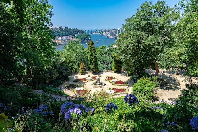 Landscaped gardens overlooking the Douro River in Porto.
