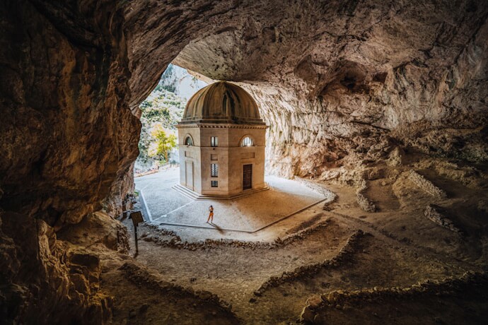 Valadier Temple with its domed sanctuary, set inside a dramatic natural cave.
