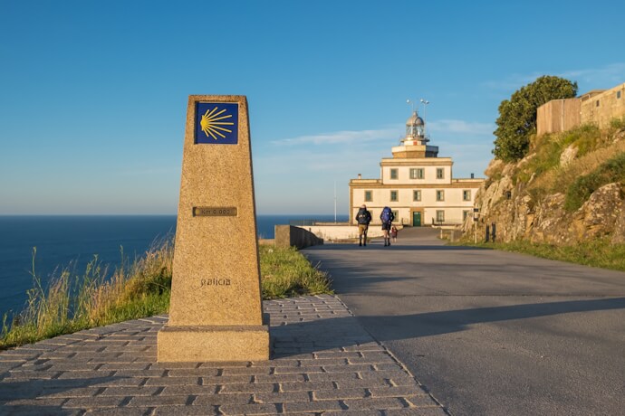 Camino de Santiago milestone at Cape Finisterre, marking the traditional end of the pilgrimage in Galicia, Spain