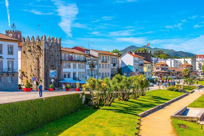 Historic square and medieval walls in the center of Valença, Portugal