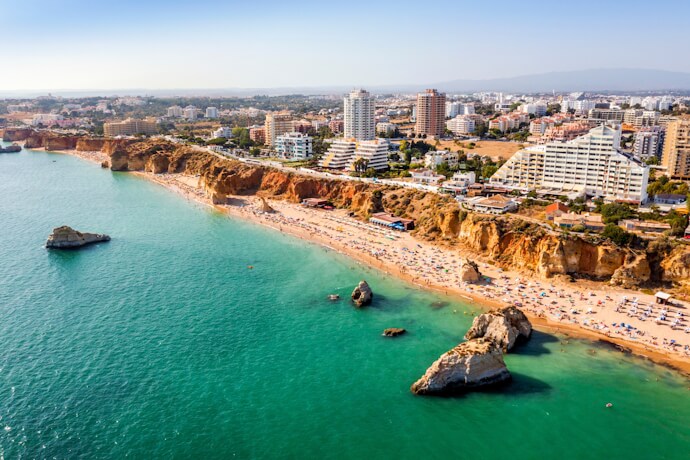 Aerial view of Praia da Rocha and Portimão coastline in the Algarve